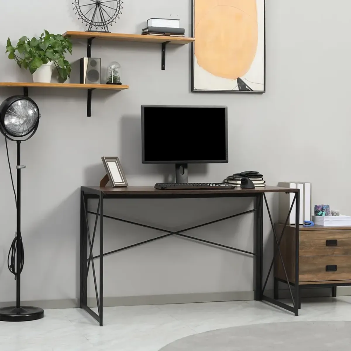 Brown Home Office: 47.25" Folding Computer Desk with Metal Frame