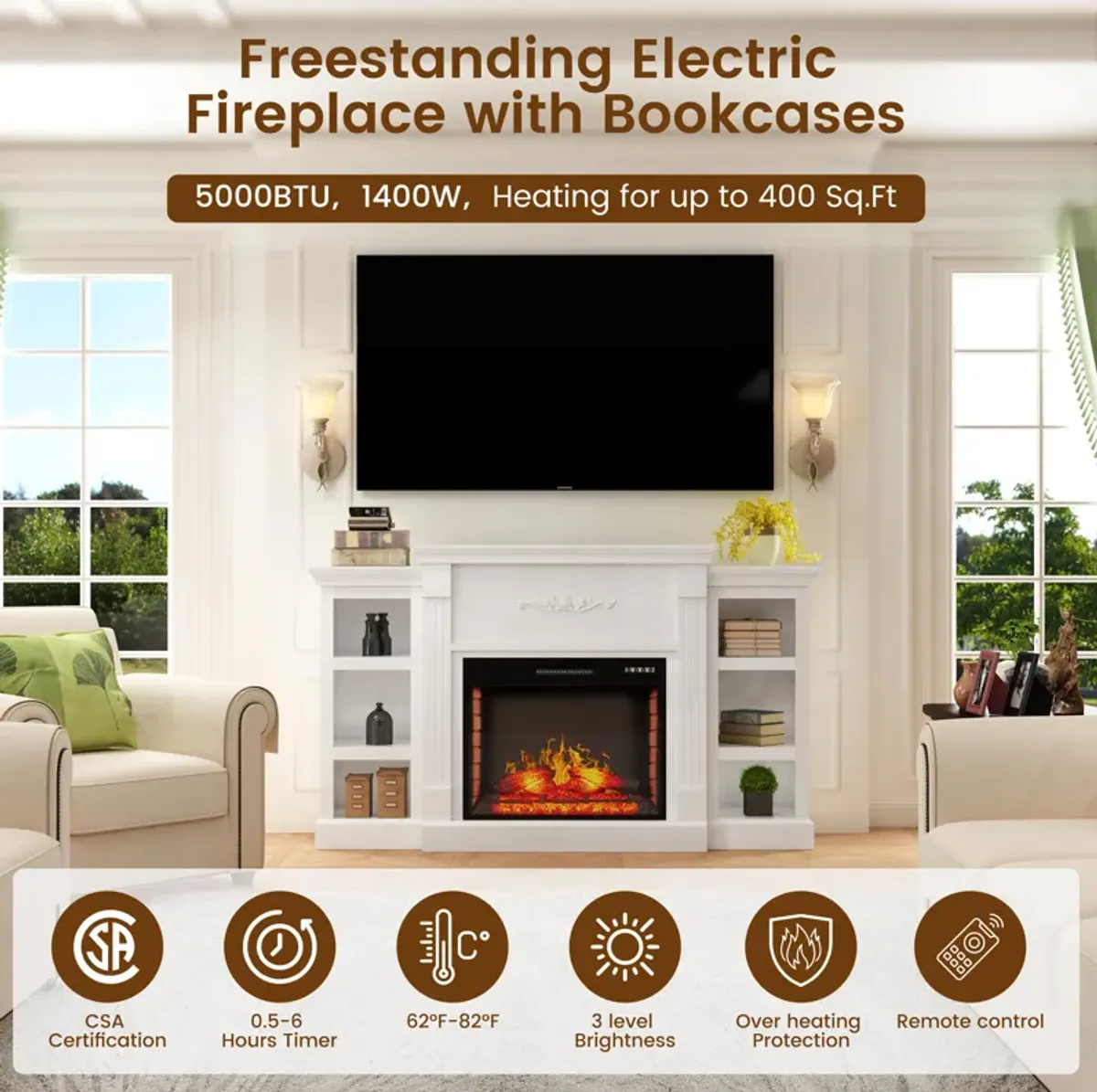 Mondawe 70.2" w Vintage Brown TV Stand With Fan Flat Panel Wall Mounted Electric Fireplace With Remote Control And Adjustable 4 Flames