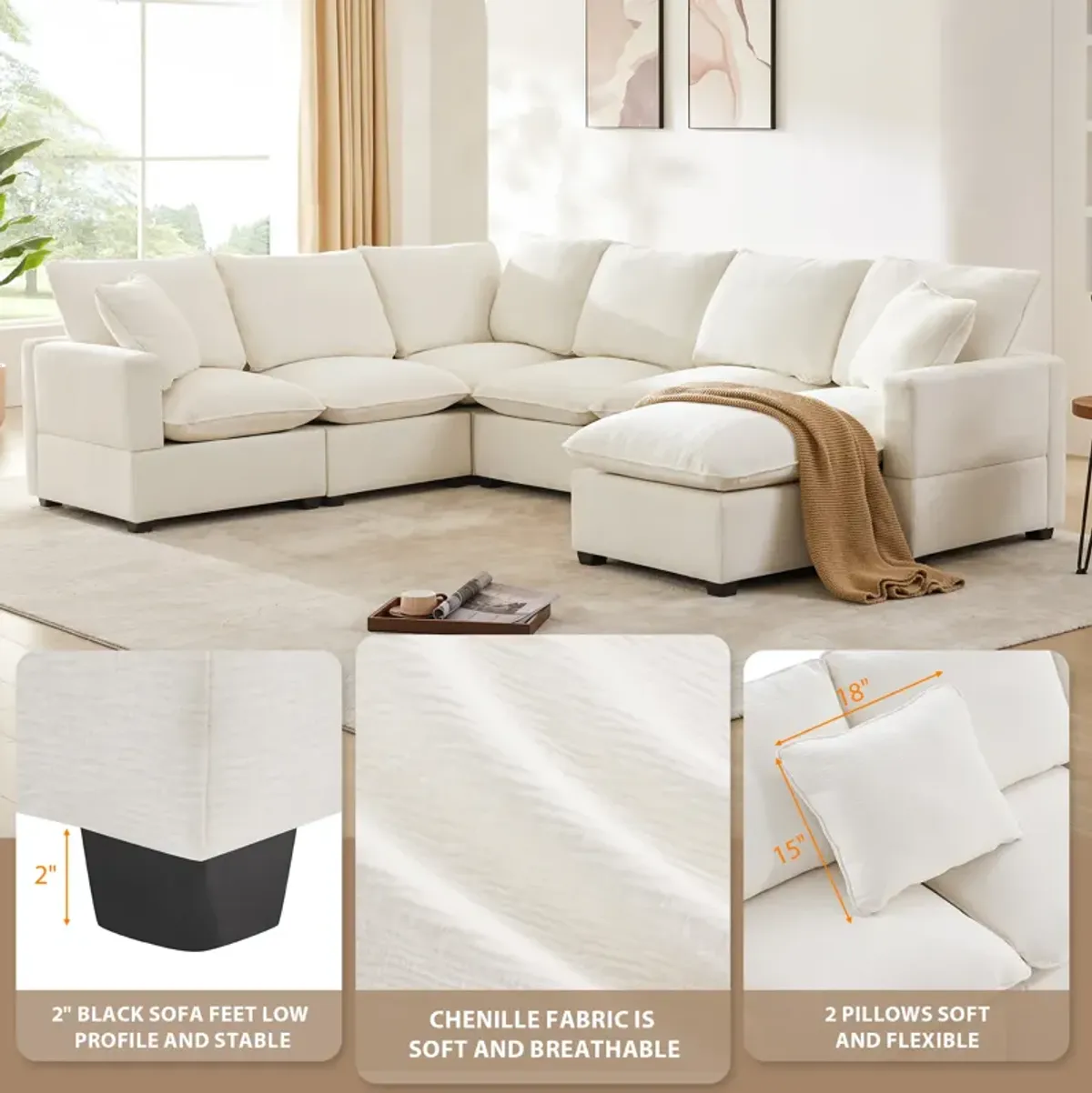 Merax Modern U Shape Modular Sofa with 2 Pillows