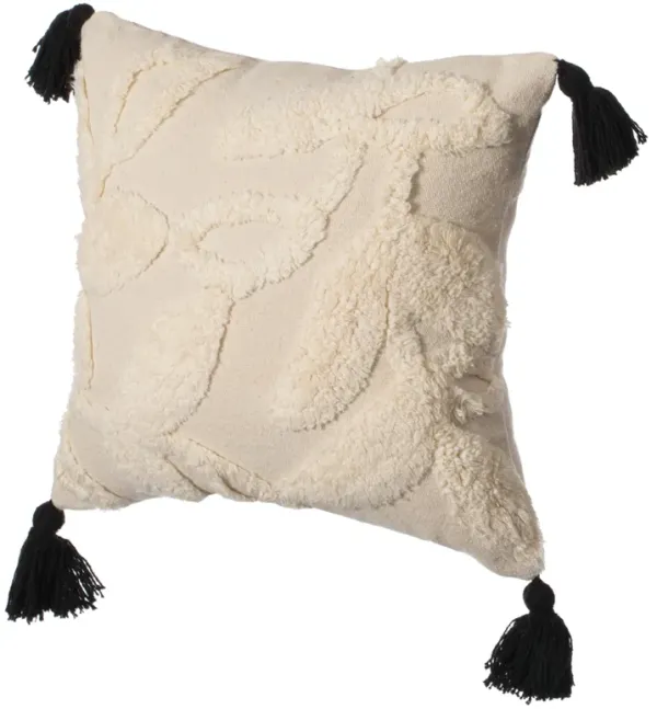 16" Handwoven Cotton Throw Pillow Cover with White Tufted Stem Pattern and Black Tassel Corners with Filler, White