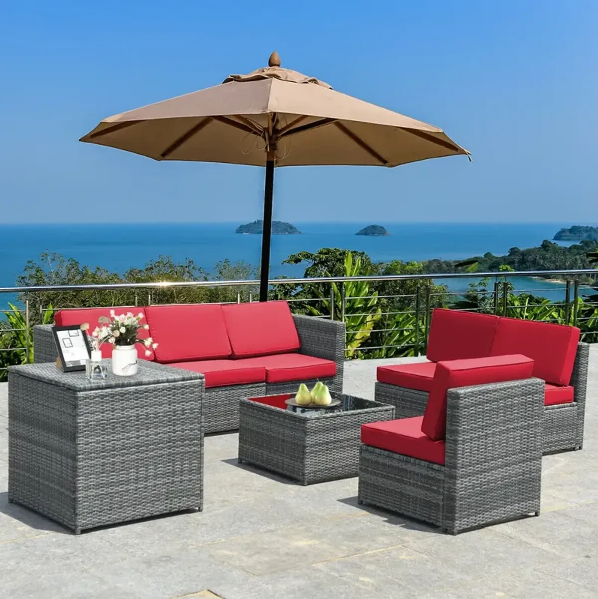 8 Piece Wicker Sofa Rattan Dinning Set Patio Furniture with Storage Table