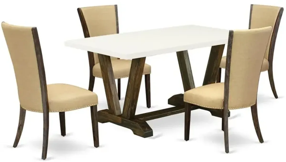 East West Furniture V726VE703-5 5Pc Dinette Set Contains a Kitchen Table and 4 Parsons Dining Chairs with Brown Color Linen Fabric, Medium Size Table with Full Back Chairs, Distressed Jacobean and Lin