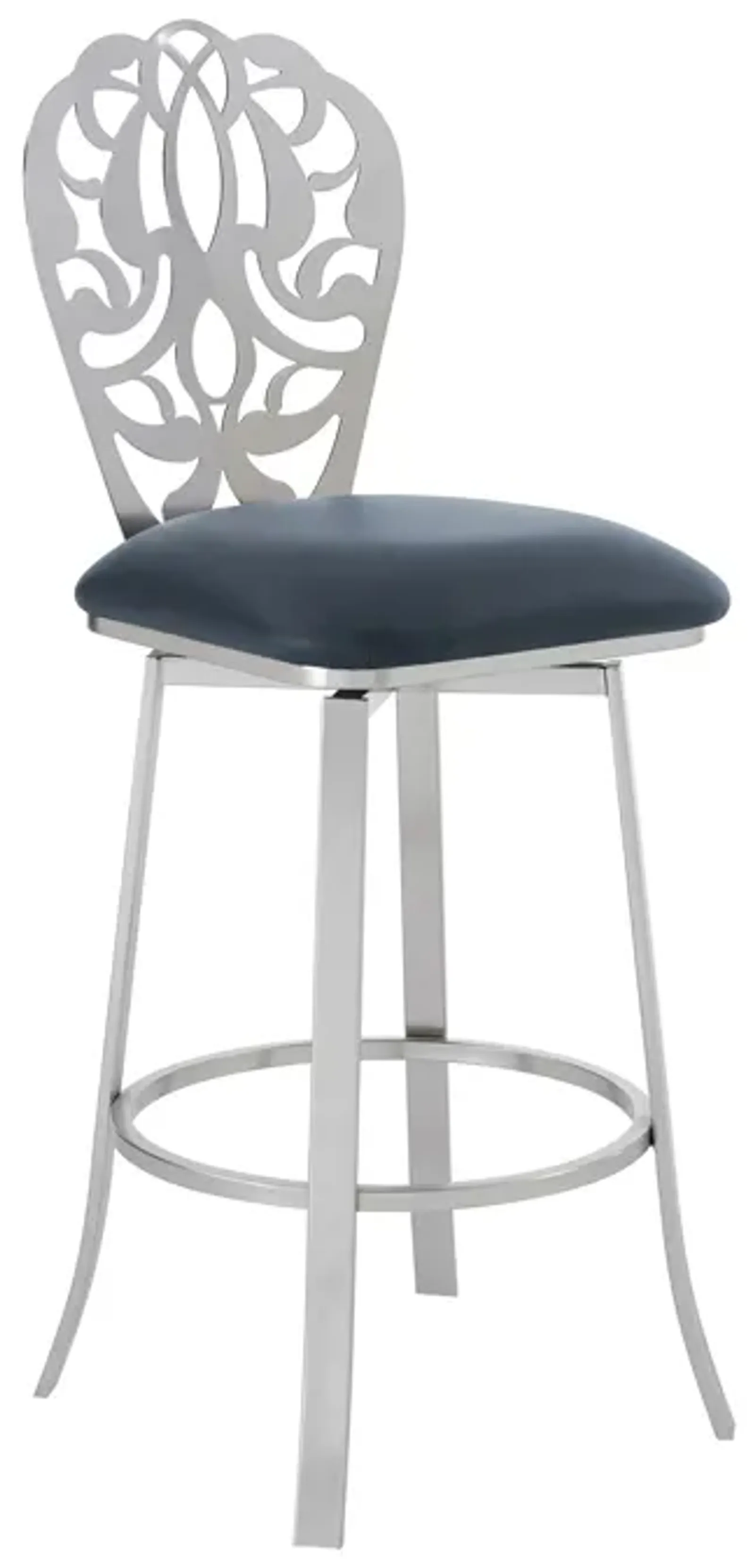 Cherie Contemporary Bar Height Barstool in Brushed Stainless Steel Finish and Gray Faux Leather