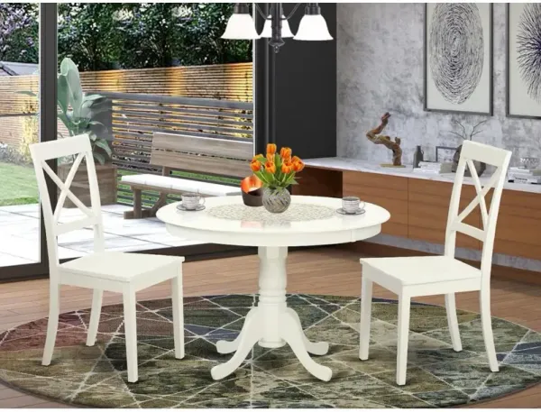 3 Pc set with a Round Table and 2 Wood Dinette Chairs in Linen White