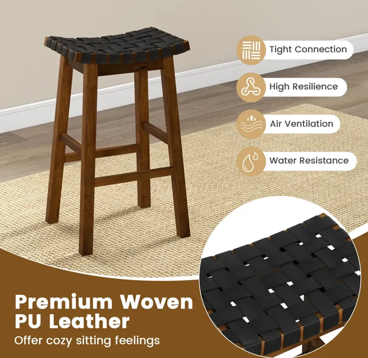 Faux PU Leather Bar Height Stools Set of 2 with Woven Curved Seat-29 Inches