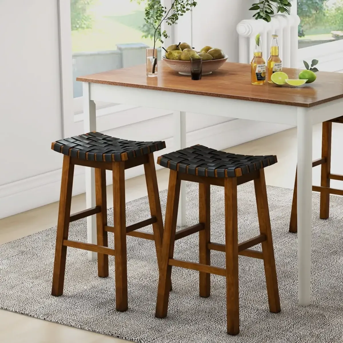 Faux PU Leather Bar Height Stools Set of 2 with Woven Curved Seat-29 Inches