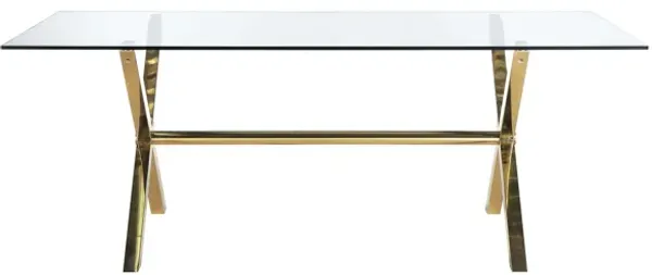 Tia 79 Inch Dining Table, Rectangular Tempered Glass Top, Gold, Clear - Benzara