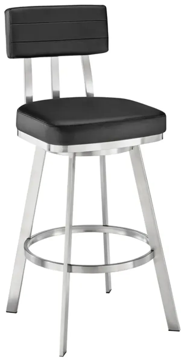 Poni 26 Inch Swivel Counter Stool Chair, Cushioned Seat, Black Faux Leather - Benzara