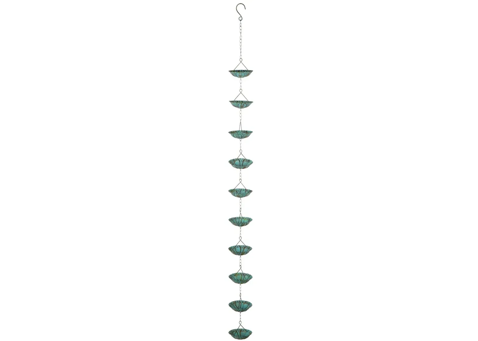 Set of 2 Arctic Blue Patina Wide Flower Cup Iron Rain Chains 58"