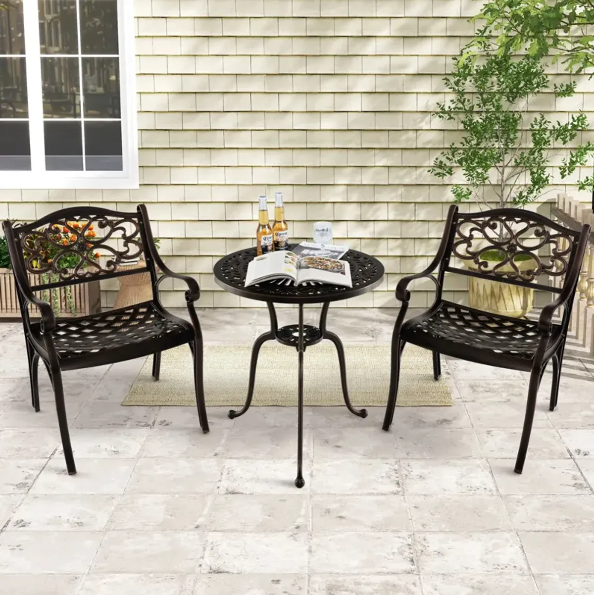 Cast Aluminum Dining Chairs Set of 2 with Patio Chairs Armrests Flower Pattern-Bronze