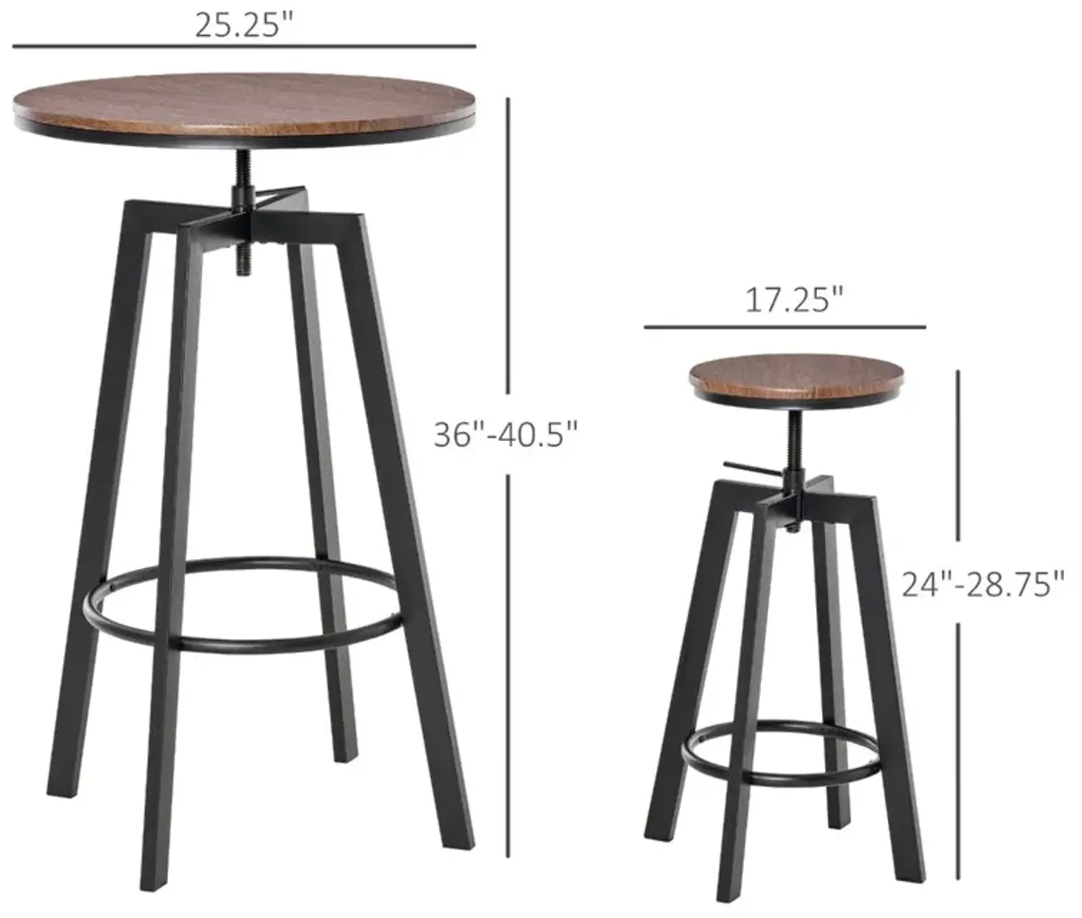 Industrial Bar Dining: 3-Piece Adjustable Height Bistro Set with Swivel Stools