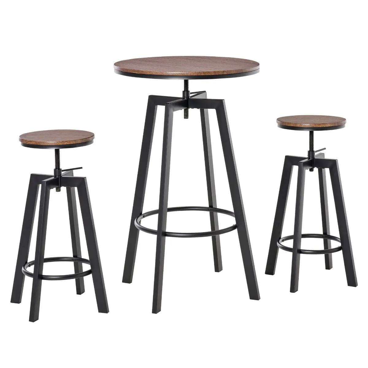 3 Piece Industrial Adjustable Dining Table Set, Bar Height Bistro Table and Swivel Pub Stools for Small Space