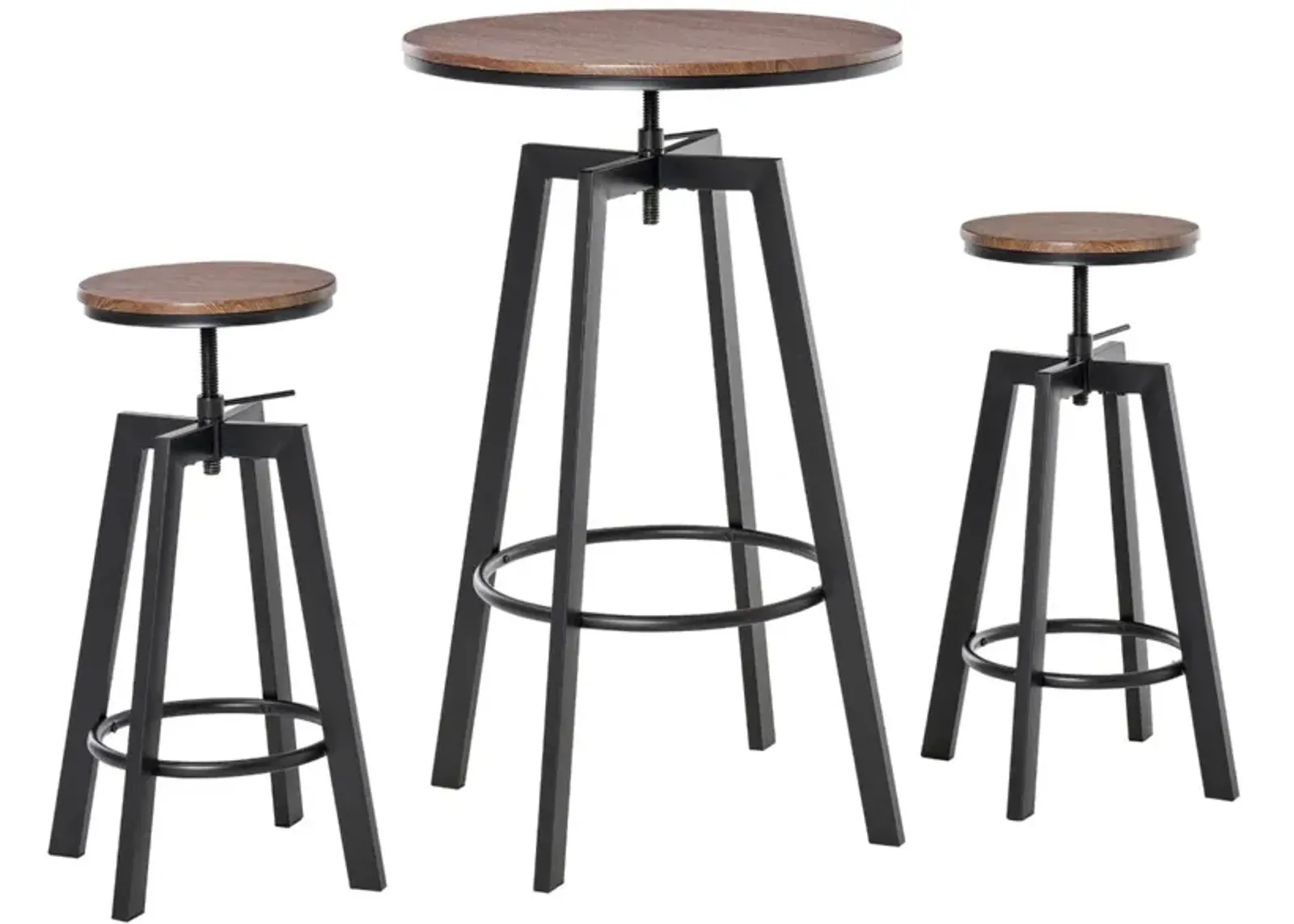 Industrial Bar Dining: 3-Piece Adjustable Height Bistro Set with Swivel Stools