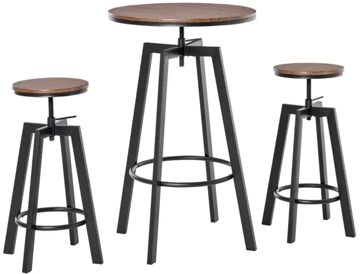 Industrial Bar Dining: 3-Piece Adjustable Height Bistro Set with Swivel Stools