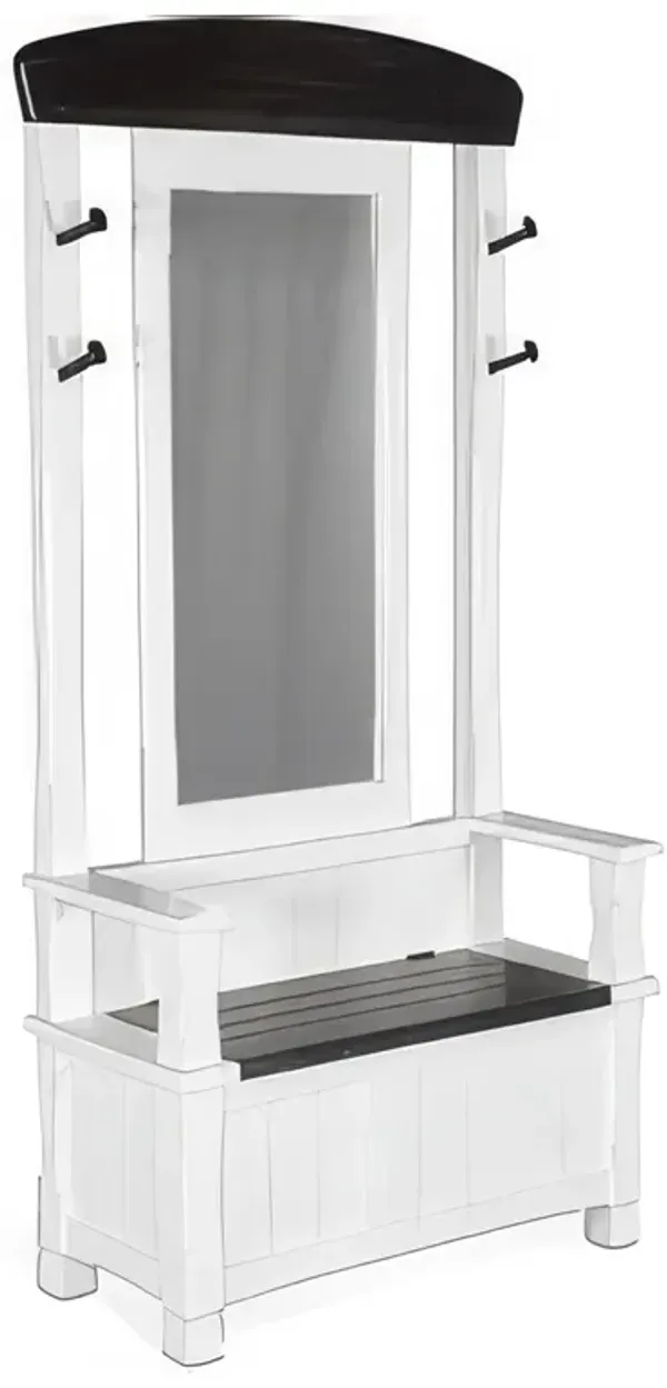 Orso Foyer Hall Tree Coat Hanger w Mirror, Storage Bench, White, Brown - Benzara