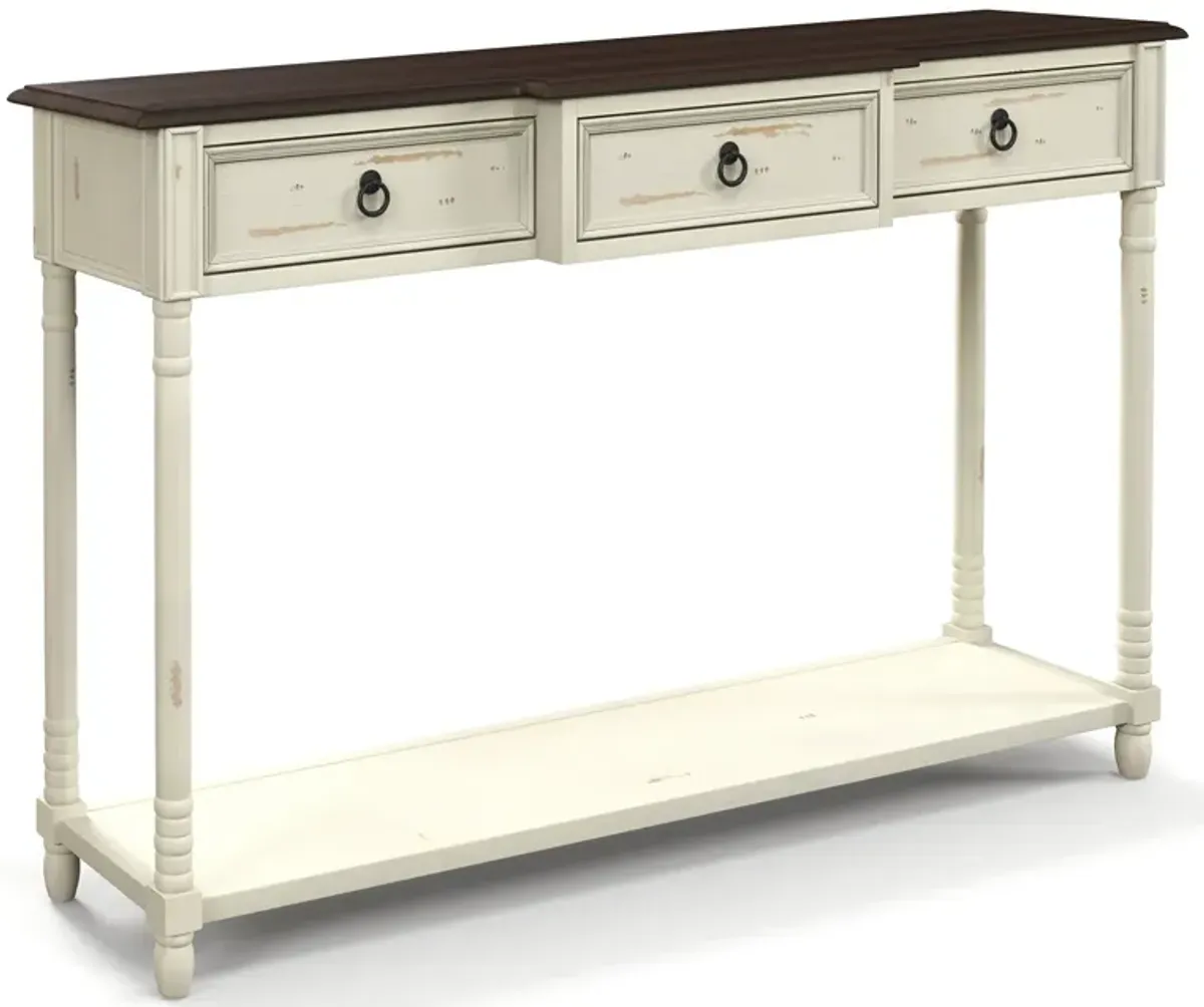 52 Inch Farmhouse Console Table with 3 Drawers and Open Storage Shelf for Hallway