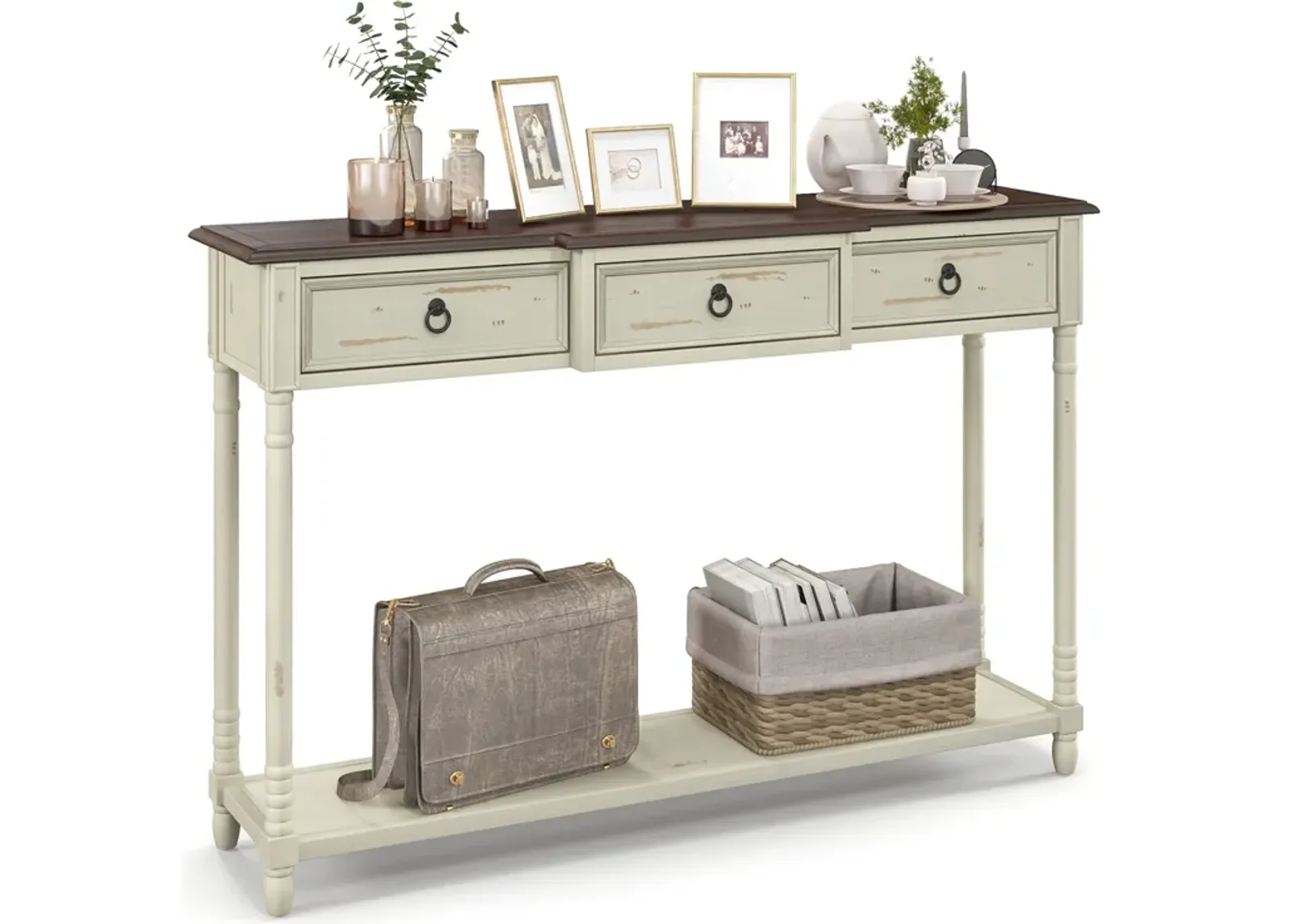 52 Inch Farmhouse Console Table with 3 Drawers and Open Storage Shelf for Hallway