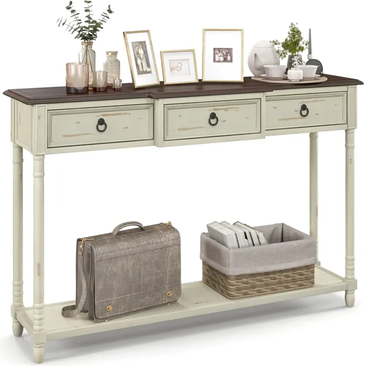 52 Inch Farmhouse Console Table with 3 Drawers and Open Storage Shelf for Hallway