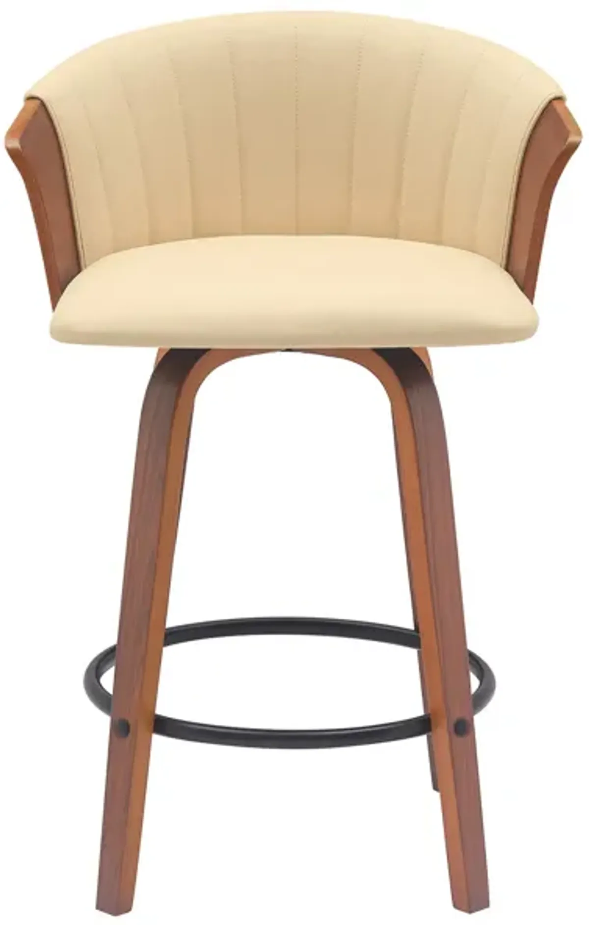 Oja 26 Inch Swivel Counter Stool Chair, Cream Vegan Leather, Walnut Brown - Benzara