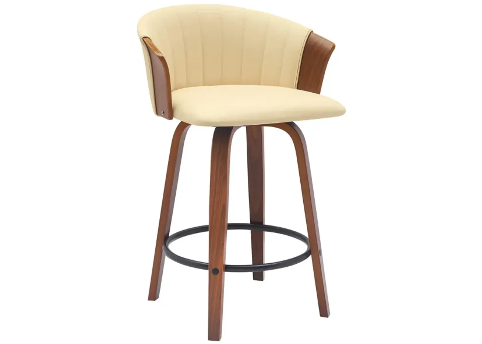 Oja 26 Inch Swivel Counter Stool Chair, Cream Vegan Leather, Walnut Brown - Benzara