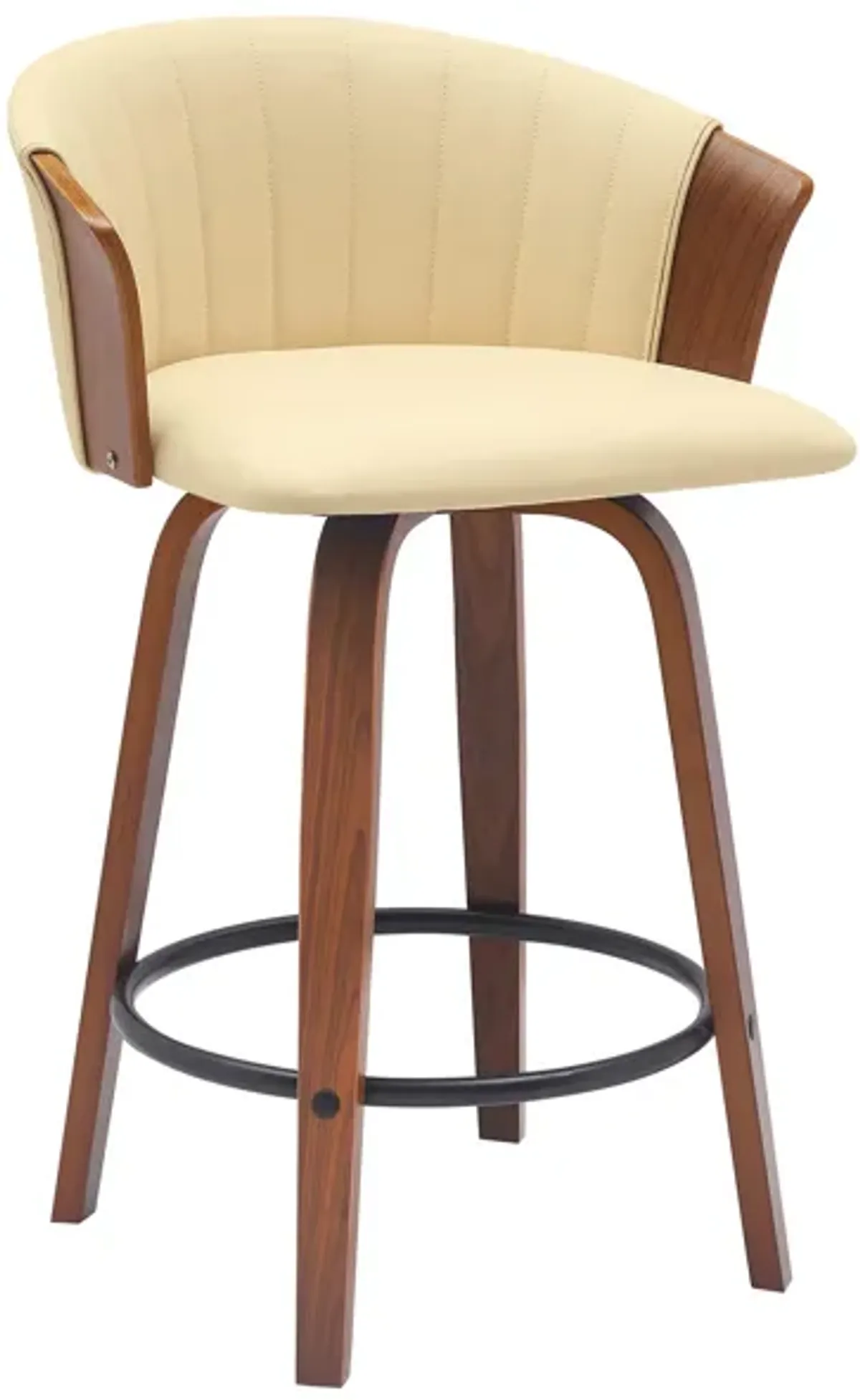 Oja 26 Inch Swivel Counter Stool Chair, Cream Vegan Leather, Walnut Brown - Benzara