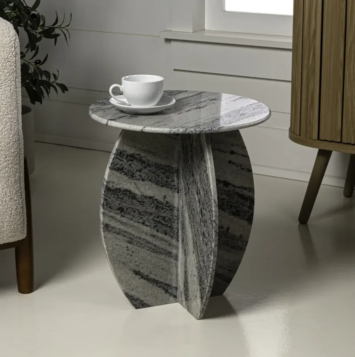 Venus 15" Contemporary Natural Marble Handmade X-Shaped End Table, Gray/Black