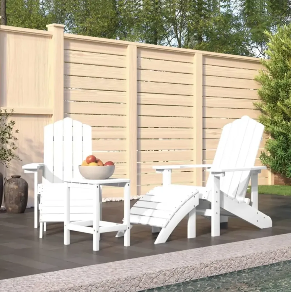 vidaXL Resistant HDPE White Patio Adirondack Chairs with Detachable Footstool and Table, Weather-Resistant, Low-Maintenance, Comfortable Design, Perfect for Garden/Terrace