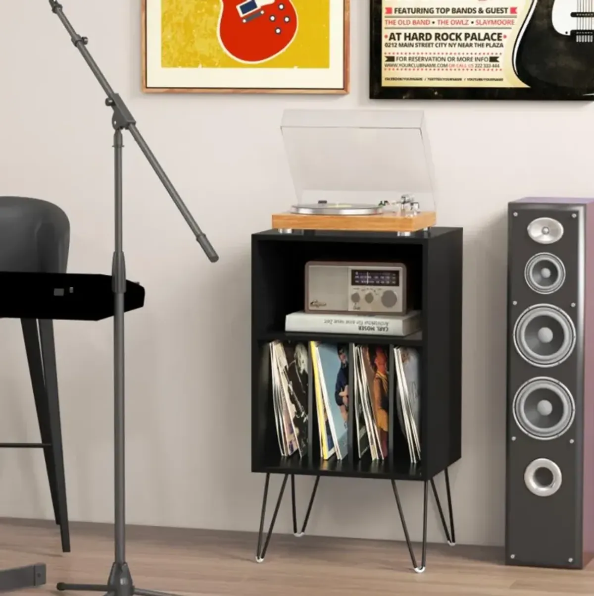 Hivvago Record Player Stand with Charging Station for Living Room Bedroom