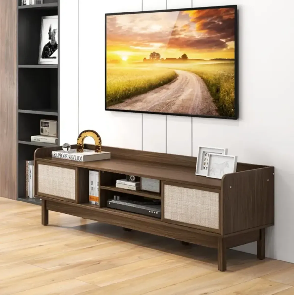 Hivvago Sliding Door TV Stand for 65 Inch TV with Woven Doors-Walnut