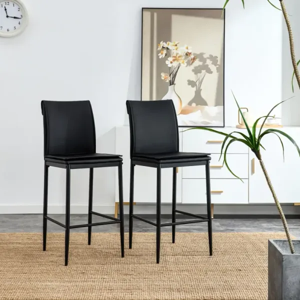 Black Leather Barstool Dining Counter Height Chair Set Of 2