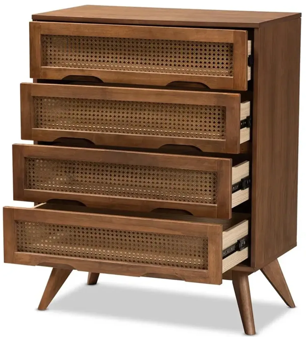 Baxton Studio Modern Walnut Brown Finished Wood and Synthetic Rattan 4-Drawer Chest