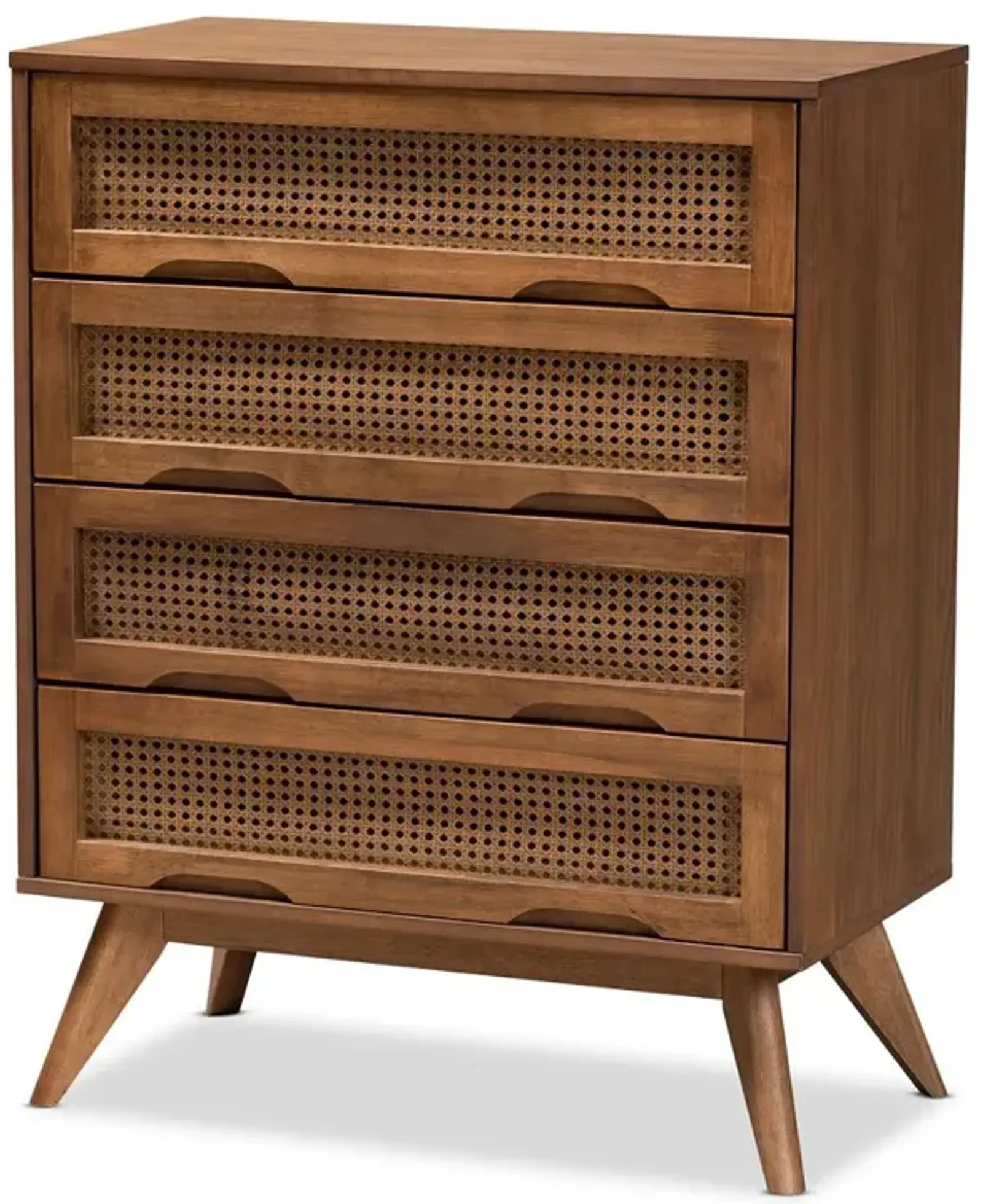 Baxton Studio Modern Walnut Brown Finished Wood and Synthetic Rattan 4-Drawer Chest