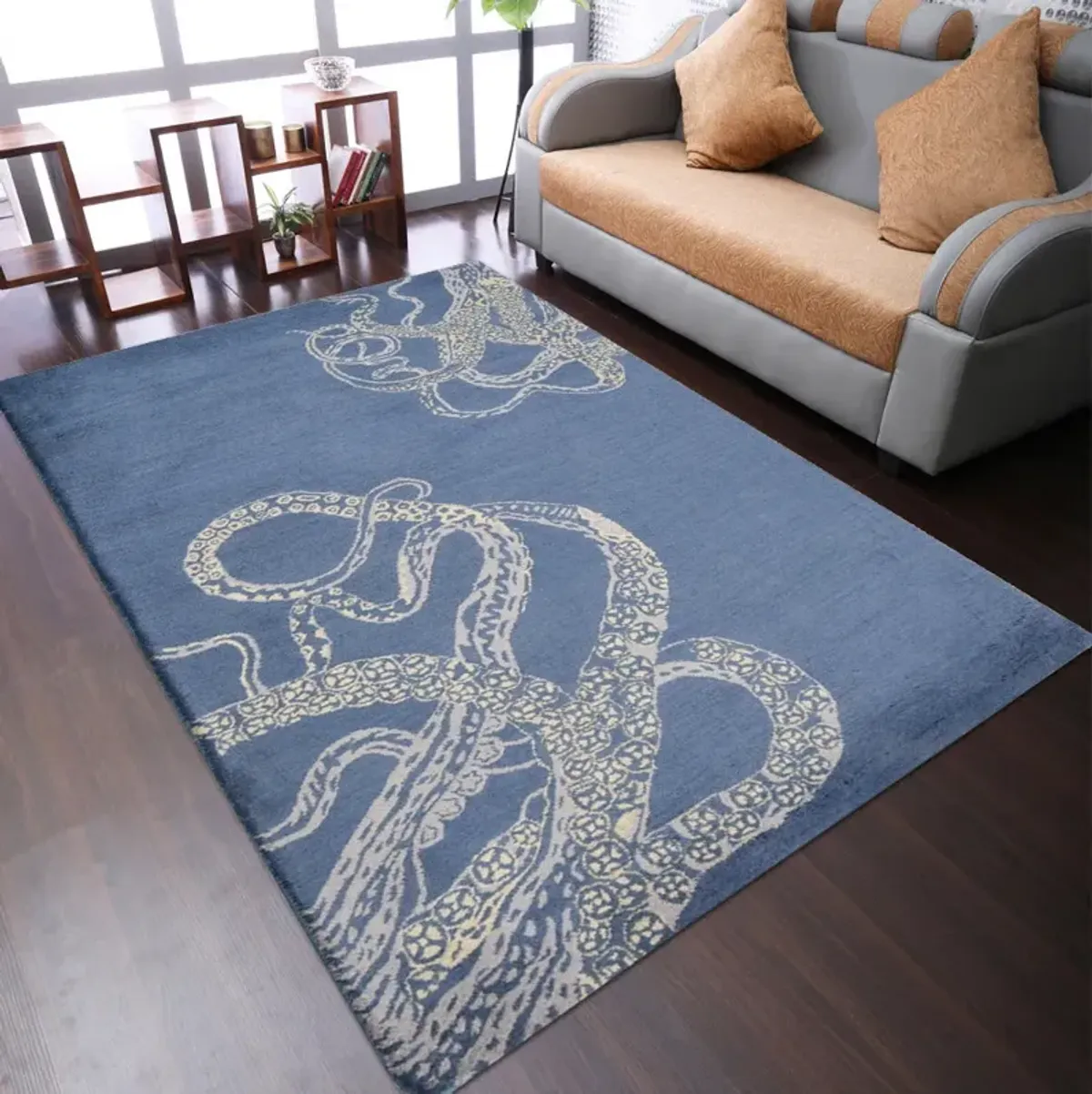 RUGSOTIC CARPETS HAND TUFTED WOOL ECO-FRIENDLY AREA RUGS  - 9'x12', Rectangle Shape, Blue & Beige, Contemporary Modern Design, High Pile Handmade Area Rugs for Living Room, Bed Room (K00512)