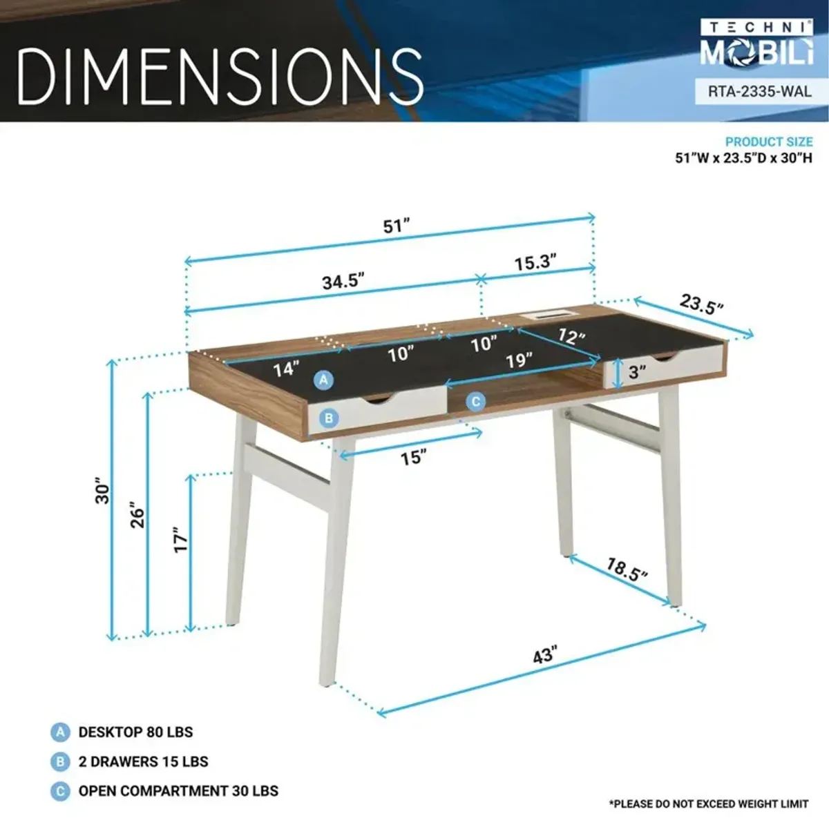 Techni Mobili Compact Computer Desk with Multiple Storage. Color: Walnut