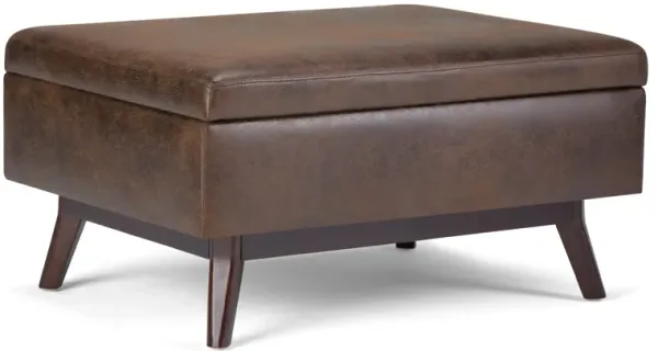 Owen 34 inch Wide Mid Century Modern Rectangle Coffee Table Storage Ottoman in Distressed Chestnut Brown Vegan Faux Leather, Assembled