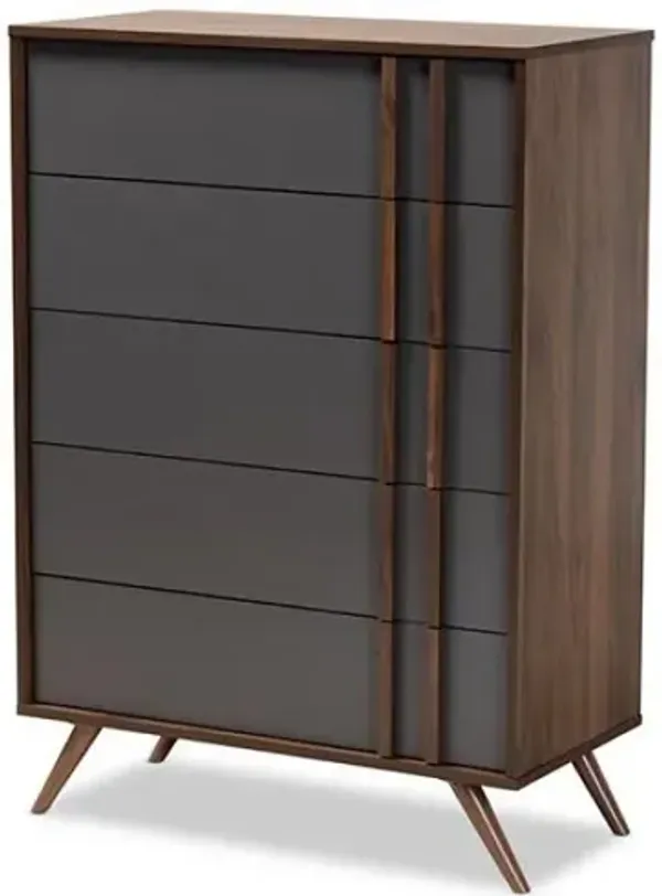 Two-Tone Grey and Walnut Finished Wood 5-Drawer Bedroom Chest