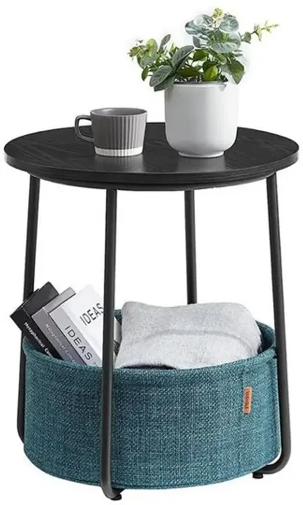 Hym 20 Inch Side End Table with Green Fabric Basket, Black Round Top Steel - Benzara