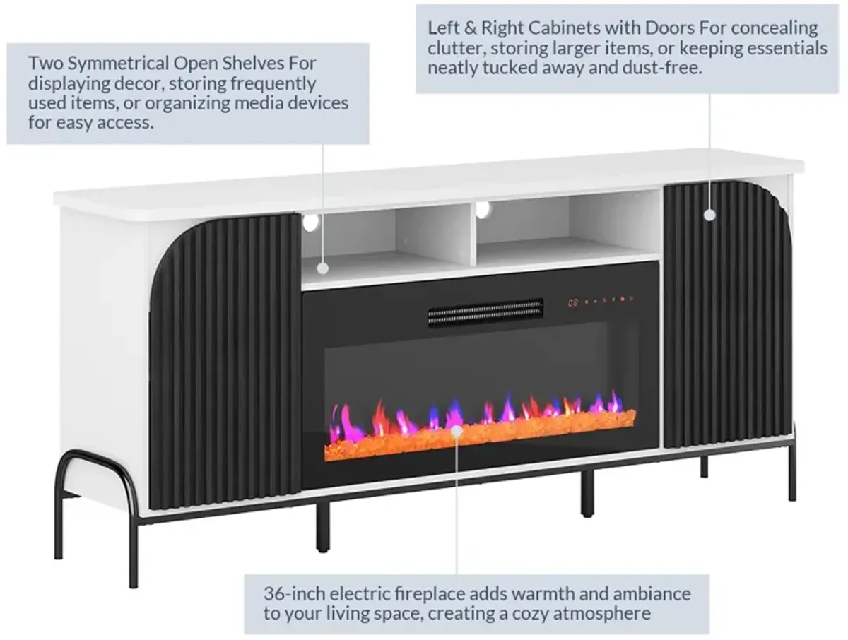 BELLEZE 68 Inch Fluted TV Stands with 36" Electric Fireplace, Modern Fluted Entertainment Center with Open Storage Shelves& Cabinets, Media Console TV Cabinet For Living Room Bedroom (White)
