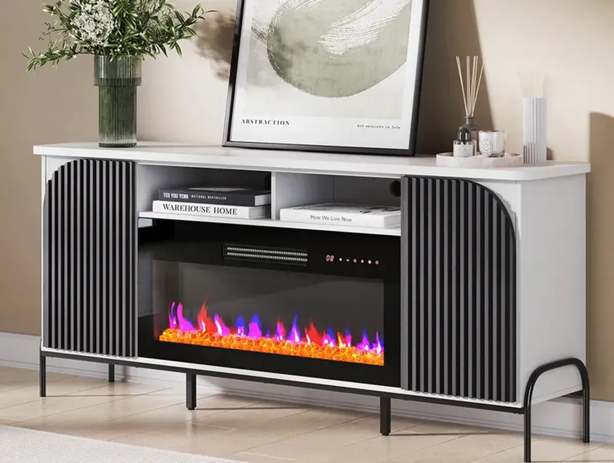 BELLEZE 68 Inch Fluted TV Stands with 36" Electric Fireplace, Modern Fluted Entertainment Center with Open Storage Shelves& Cabinets, Media Console TV Cabinet For Living Room Bedroom (White)