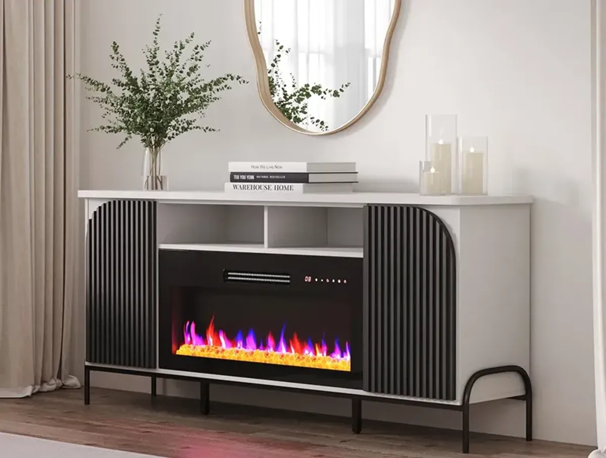 BELLEZE 68 Inch Fluted TV Stands with 36" Electric Fireplace, Modern Fluted Entertainment Center with Open Storage Shelves& Cabinets, Media Console TV Cabinet For Living Room Bedroom (White)