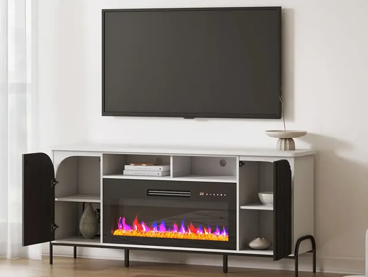 BELLEZE 68 Inch Fluted TV Stands with 36" Electric Fireplace, Modern Fluted Entertainment Center with Open Storage Shelves& Cabinets, Media Console TV Cabinet For Living Room Bedroom (White)