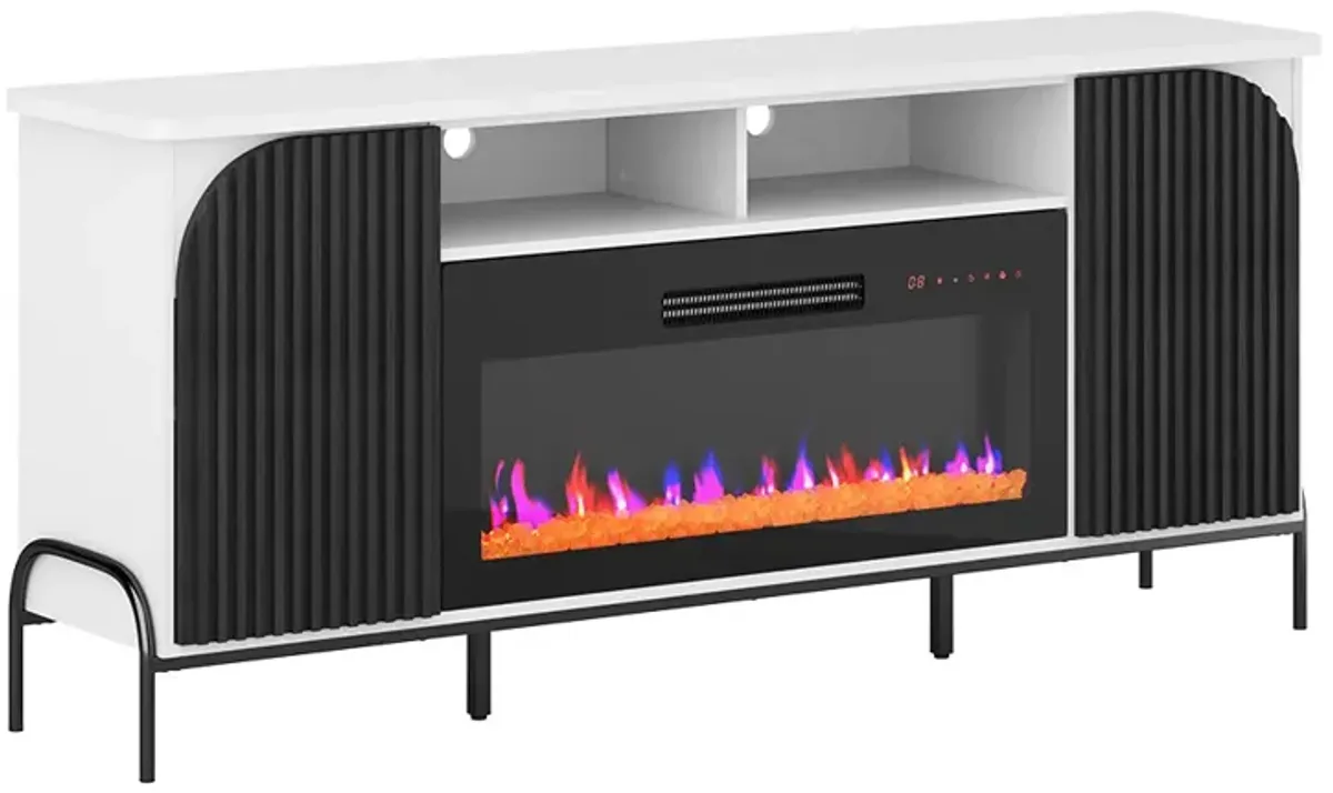 BELLEZE 68 Inch Fluted TV Stands with 36" Electric Fireplace, Modern Fluted Entertainment Center with Open Storage Shelves& Cabinets, Media Console TV Cabinet For Living Room Bedroom (White)