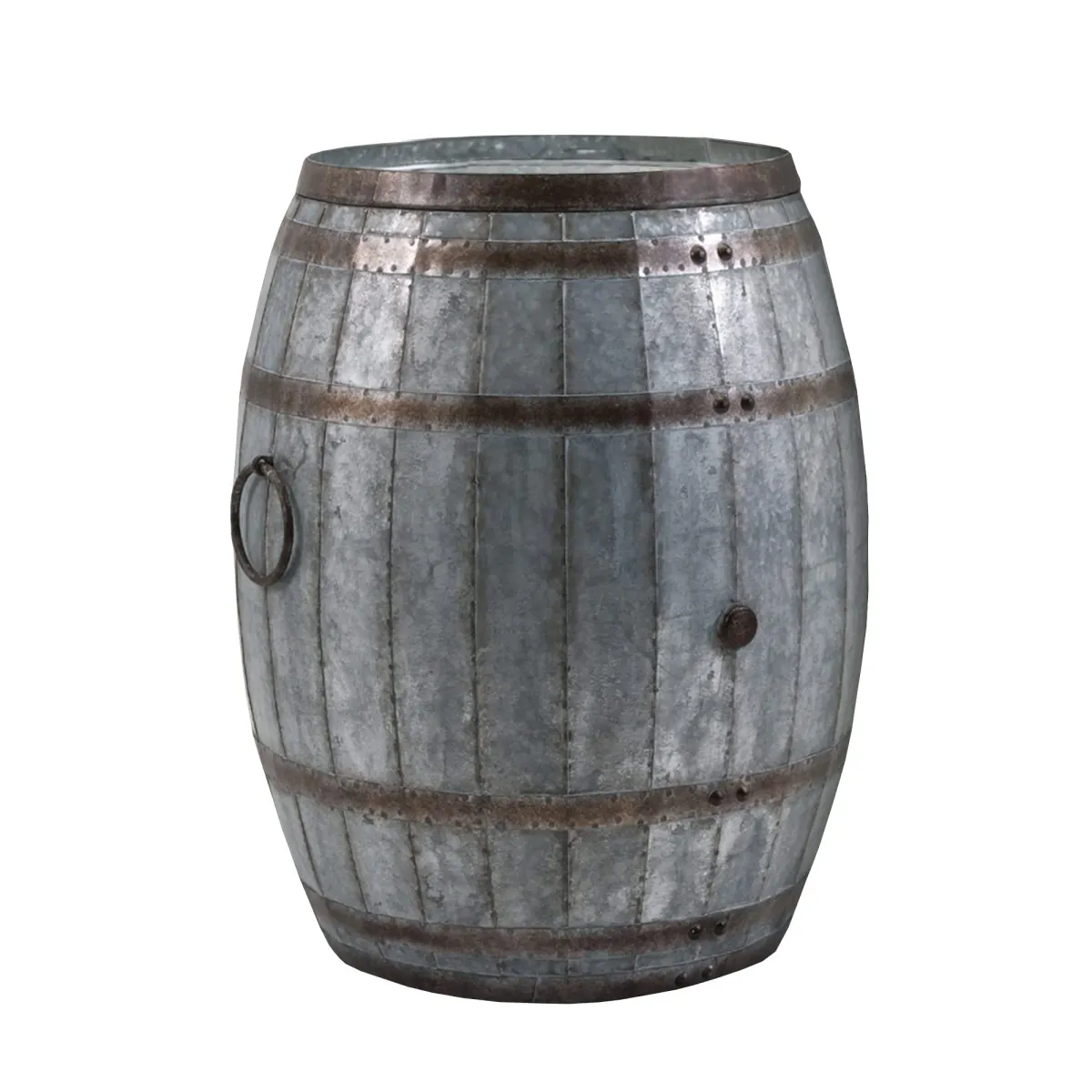 Drum Shape Metal Wine Storage Table with Removable Lid, Rustic Brown and Gray