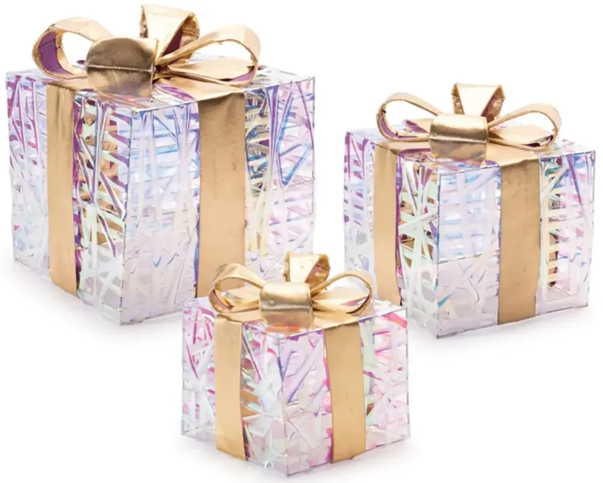 Woven LED Christmas Gift Boxes (Set of 3) – Pre-Lit Holiday Package Decorations with Ribbon Bows