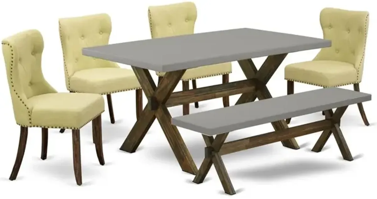 East West Furniture 6-Piece Dining Room Table Set-Limelight Linen Fabric Seat and Button Tufted Back Parson Dining Chairs and Rectangular Top Living Room Table and Wooden Bench with Solid Wood Legs -