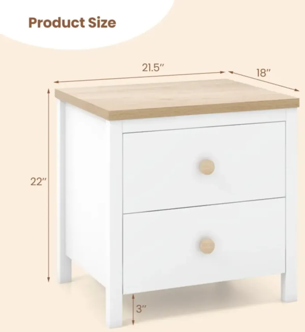 Hivvago 2-Drawer Nightstand with Rubber Wood Legs