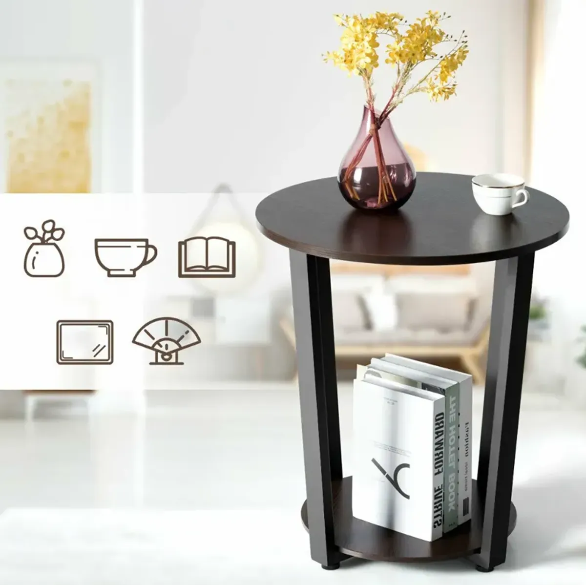 2-tier Round End Table with Storage Shelf & Metal Frame