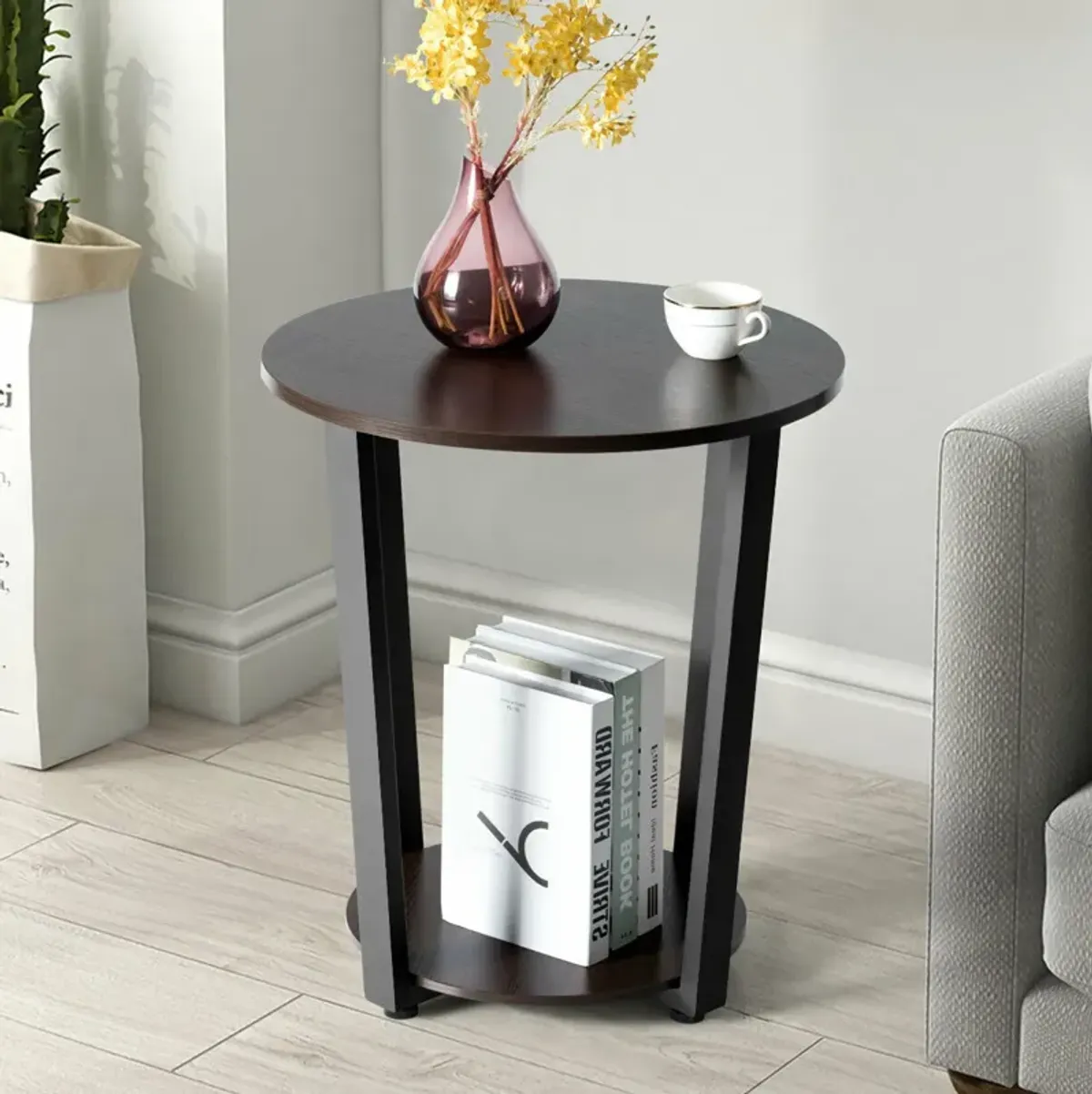 2-tier Round End Table with Storage Shelf & Metal Frame