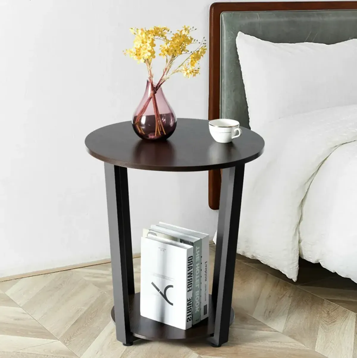 2-tier Round End Table with Storage Shelf & Metal Frame