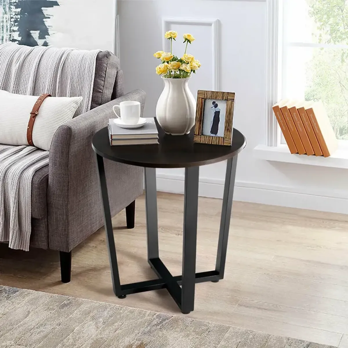 2-tier Round End Table with Storage Shelf & Metal Frame